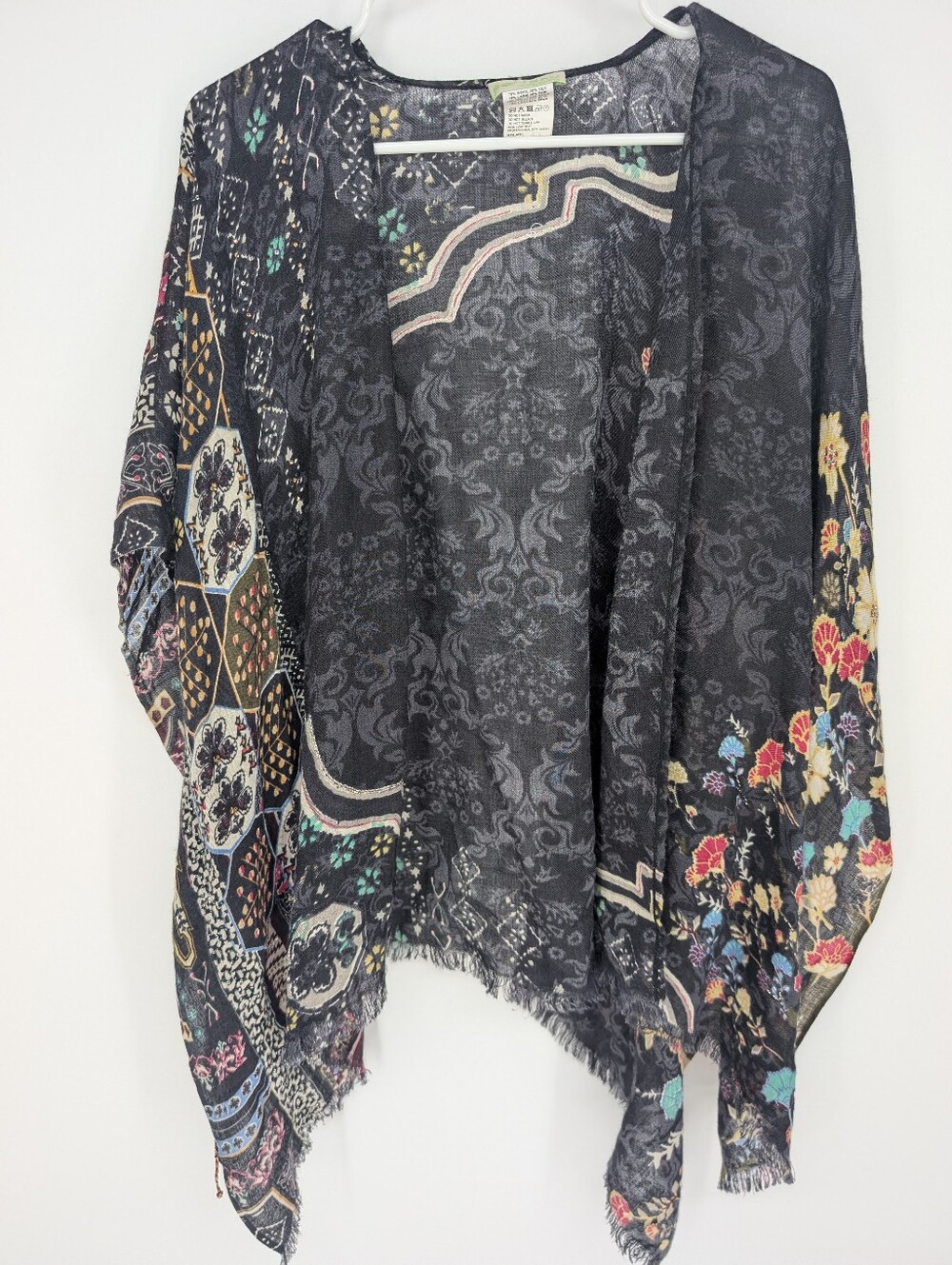 Petanu by Pashma Anthropologie Wool Silk Beaded Patchwork Ruana Wrap Boho Art